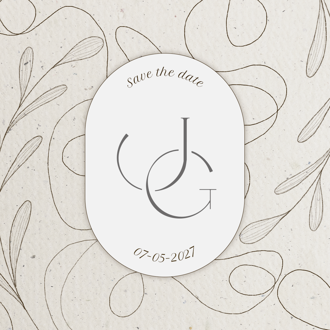 Save the Date — monograma JG em oval com ramos botânicos